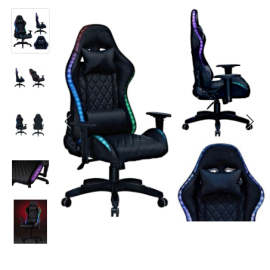 Геймерское компьютерное кресло с RGB-подсветкой, 2 эргономичными подушками и регулировкой угла наклона спинки, Черный