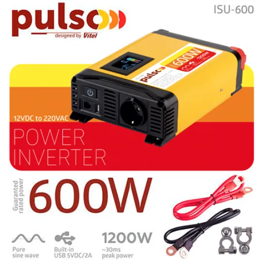 Перетворювач напруги PULSO/ISU- 600/12V-220V/600W/LCD/USB-5VDC2.0A/син.хвиля/клеми — фото, ціна 5121,00 грн