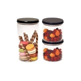 Набір акрилових контейнерів Harmony (3шт) круглих з кришкою чорного кольору, 2шт по 0,8л, 1шт - 1,6л